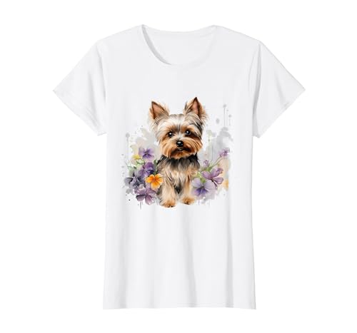 Yorkshire Terrier Mom Floral Yorkie Dog Lover Flowers Cute T-Shirt, Women, White, Large