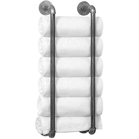 HouseAid Industrial Pipe Towel Rack, Farmhouse Bathroom Towel Storage Holder, Vintage Style Towel Organization, Wall Mounted, Antique Silver Cover