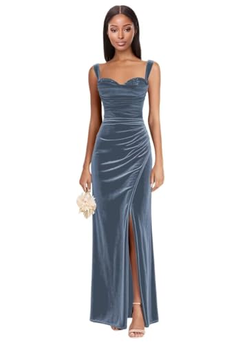 Dessiny Spaghetti Strap Velvet Mermaid Bridesmaid Dresses for Women Maxi Sequin High Slit Formal Evening Gown DE589