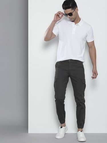 Image of THE INDIAN GARAGE CO Men Slim Fit Solid Mid-Rise Stretchable Cuffed Cargos
