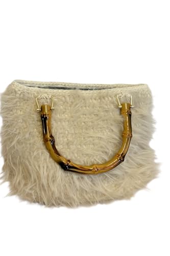 Handmade Faux Fur Crochet Bag with Bamboo Handle | Boho