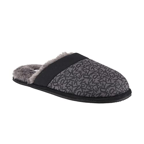 DKNY Unisex Mens Mule Slipper with All Over Branded Print and Fabric Lining and Anti Slip Grip, Black/Grey, 11/12 UK