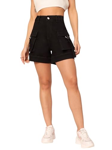 Image of Dolce Crudo Women's Relaxed Fit Mid-Rise Denim Shorts with Adjustable Waist & Frayed Hem