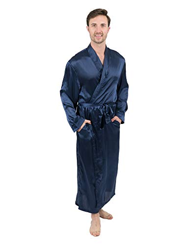 Leveret Men's Satin Robe - Navy, Size Small