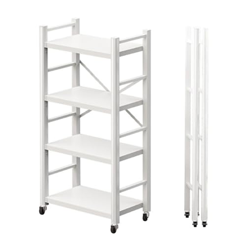 AKEMI LIVING メタルラック ラック 折り畳みラック 4段 幅40 スチールラック ストッパー付き多機能収納棚 食器棚 移動便利 組立簡単 レンジ台 キッチンラック ホワイト
