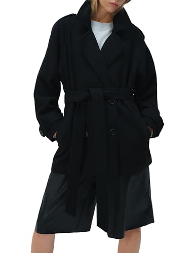 Yeokou Women's Wool Blend Pea Coat Notch Lapel Double Breasted Winter Loose Short Button Belt Outerwear Jacket