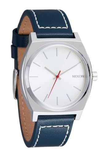 NIXON Time Teller A1373-100m Reloj analógico para hombre resistente al agua (esfera de reloj de 37 mm, correa de cuero de 20 mm a 18 mm), Plata/nube/índigo, Cuero Time Teller