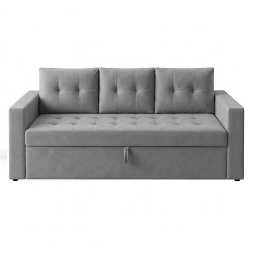 Image of FURNY Tressa 3 Seater Fabric Pull-Out Sofa Cum Bed Function (Light Gray) | Luxury Velvet Suede Finish | Durable Comfort Sofa Bed for Modern Living Room & Office Spaces