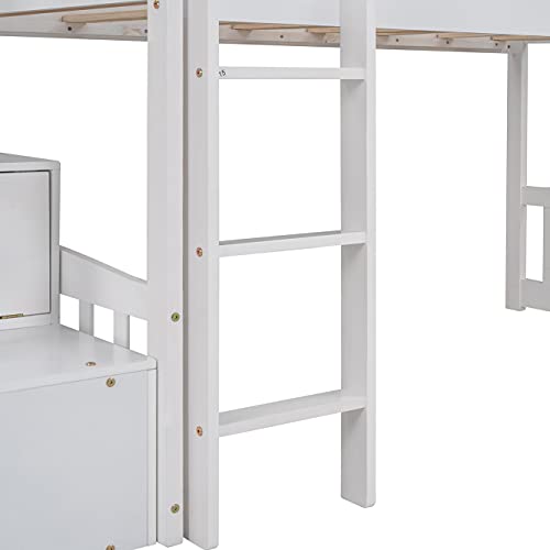 Actual Wood Twin Loft Bed With Slide For Kids, House Loft Bed With Pitched Roofguardrails3 Stairsladder2 Storage Drawers.x (White+Wood+Twin Loft Bed) #TOP7