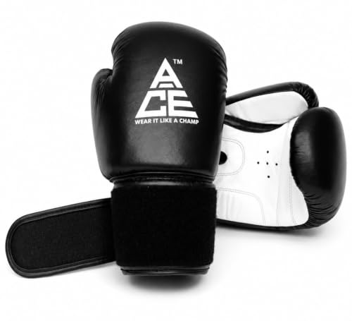 Image of ACE Genuine Leather Boxing Gloves | Adult Training Gloves for Sparring | Shock Absorbing Padding | Secure Wrist Strap | Punching Bag Workout | Black | 14 oz