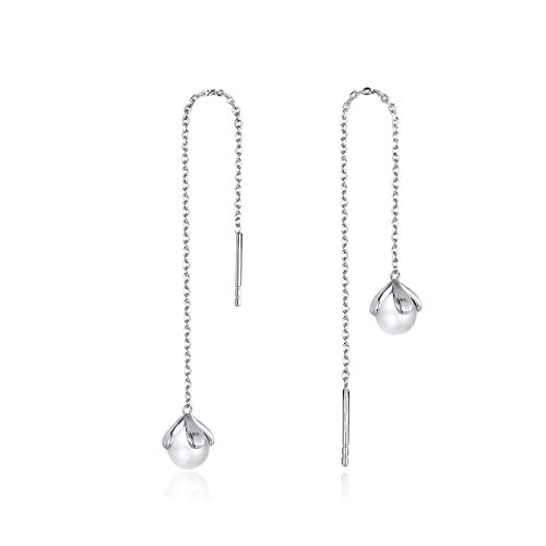 Freshwater Cultured Pearl Threader Tassel Chain Earrings S925 Sterling Silver Delicate Dangle Charm Drop Long Chains Ear Line Stud Earring Hoops Hypoallergenic Cute Jewelry Gifts For Women Girls Bff #TOP14