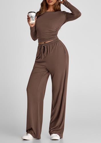 PRETTYGARDEN Women's 2 Piece Outfits Fall Tracksuits Long Sleeve Crop Tops Wide Leg Pants Spring Matching Lounge Travel Sets4