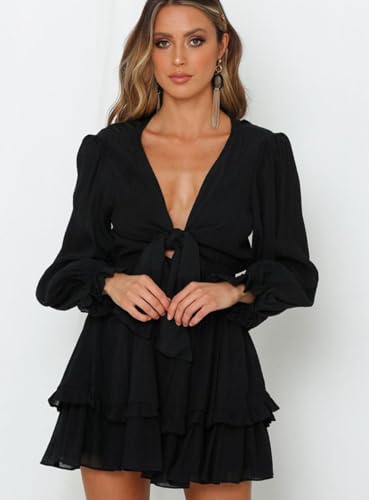 Image of AlvaQ Womens Spring Summer Knot Front V Neck Ruffles Long Sleeve Floral Print Swing Mini Dress, Medium