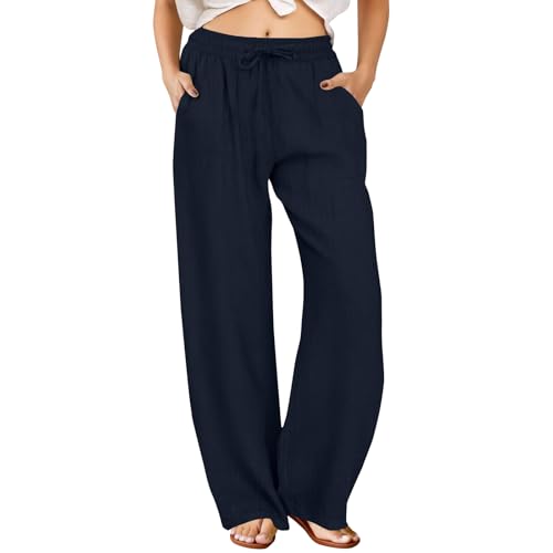 FireSwan Linen Pants Women Drawstring Elastic Waist Wide Leg Palazzo Pants
