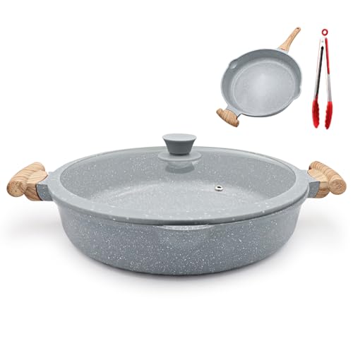 AIKENBBKK Ceramic Frying Pan with Lid, 14 Inch Saute Pan, Non Stick Frying Pans, 2-In-1 Large Cooking Pan, Nonstick Skillet, Compatible with All Stoves, PTFE & PFOA Free, Blue