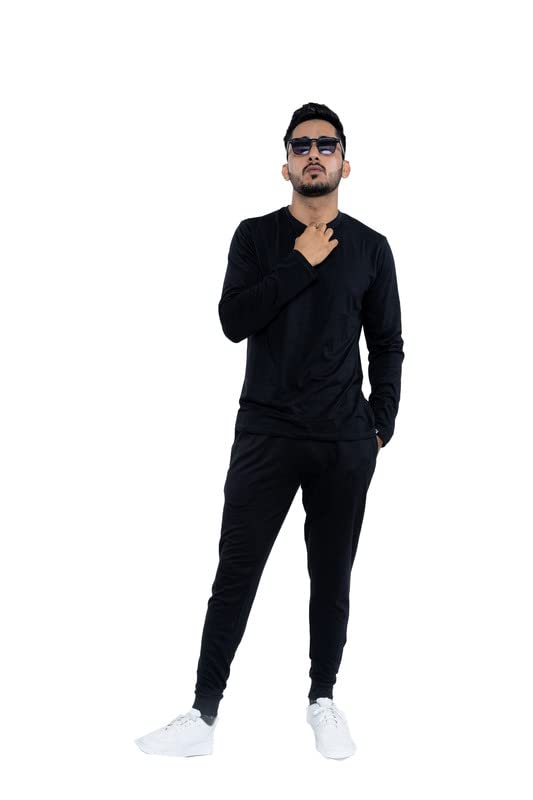 Ek Rag' Unisex Black Solid Colour Half Sleeves & Full Sleeves Co - ords Set : Black Half Sleeve & Full Sleeve T-Shirt + Joggers For Men & Women