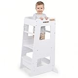 KiddyMoon Torre Montessori Bambini, Learning Tower Cucina, Pedana Regolabile 3 Altezze Con Barra Di Sicurezza, Bianco
