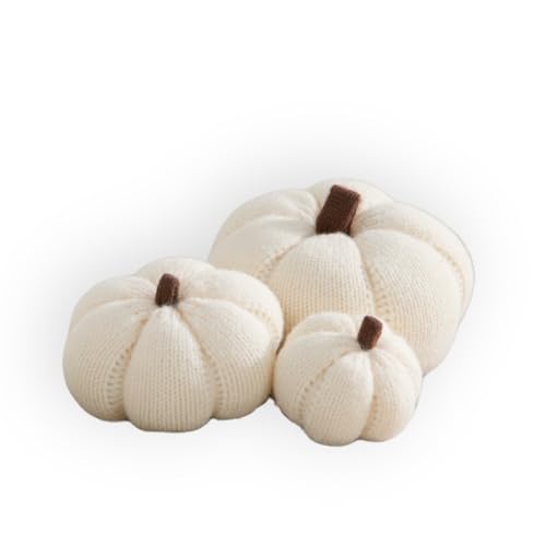 Image of Set of 3 Multi-size Cozy Knit Pumpkins (Snowdrop Large Multi-size set) | Fall Home decor, Shelf sitters, Bowl fillers, Gift for Friend