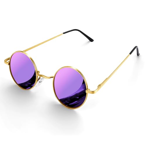 Morcheiong Polarized Hippie Sunglasses Retro Round Glasses for Women Men Vintage Circle Sunglasses UV400 (Gold Frame Purple Film)