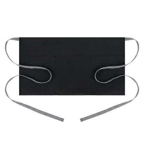 Image of BOHARERS 3-Pocket Waist Apron With Black And White Plaid Shoulder Straps - Black Waitress Waiter Server Short Aprons