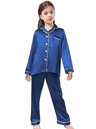 Image of Schbbbta Girls & Women Satin Pajamas Set, 2Piece Silk Nightwear Button-Down Sleepwear for Teen Kids, 3 Years - Women XXL