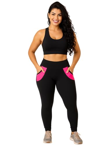 Calça Legging Feminina Grossa Com Bolso Treino Yoga Fitness (BR, Alfa, P, Regular, Regular, Rosa)