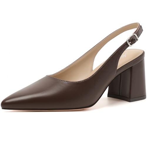 Mostrin Coffee Brown Block Slingback Heels for Women Pointed Closed Toe Chunky Heels Office Work Shoes Womens Pumps for Business Casual Size 8