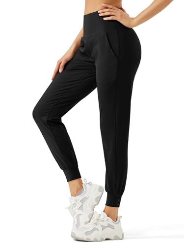 REWKOY Women's Lightweight Joggers Quick Dry Tapered Athletic Pants with Pockets High Waisted Lounge Pants for Workout Yoga Gym Black XXL