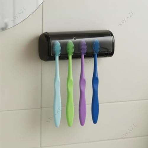 Image of Swaze Plastic Toothbrush Holder with Antibacterial Cover for Bathroom | 5-Slots Wall Mounted Toothbrush Holder with self Adhesive & Screw Options | Bathroom Organizer (Matte Black)