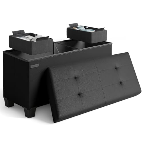 Storage Ottoman Bench with Storage Bins, 30-In Storage Bench for Bedroom End of Bed, Folding Foot Rest Ottoman with Storage for Living Room, Storage Chest Max 660lbs, Faux Leather Ottoman, Black