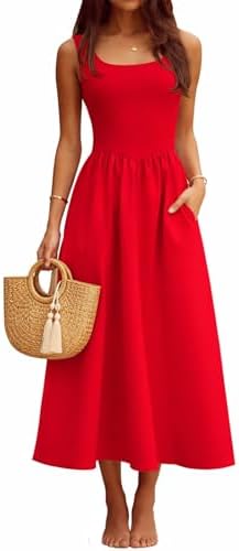 YUNDAI Elegant Sleeveless Midi Dress for Women: with Pocket Flowy...