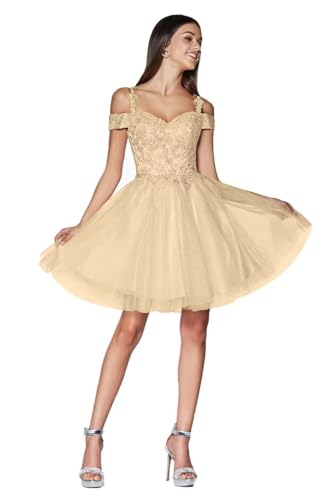 Tulle Homecoming Dresses for Teens Sparkly Short Prom Dresses Cold Shoulder A Line Mini Cocktail Dress