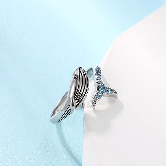 925 Sterling Silver Whale Ring with Blue Cubic Zirconia, Adjustable Size 6-9, White Gold Plated, Mother's Day Gift for Women Mother and Daughter - Image 3