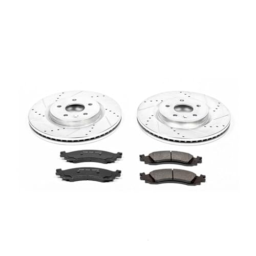Image of PowerStop Front Brake Kit for Ford Taurus 2010 - Drilled and Slotted Disc Rotors with Carbon-Fiber Ceramic Brake Pads Replacement, K5507
