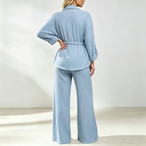 TRCELECTROP Fall Two Piece Sets for Women Dressy Tie Waist Lapel Button Down Shirts Wide Leg Pants Casual Travel Outfits - image 5