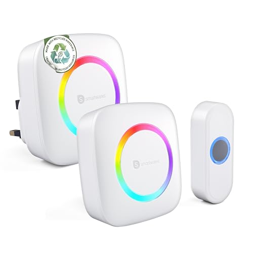 Smartwares Wireless doorbell Set - Portable Chime, Plug-in Chime and Push Button - 300 m Range - 36 melodies - LED Ring - 85 dB - 4 Sound Level & Mute Function - White - PD-4924