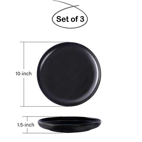 BonNoces 10-inch Matte Porcelain Dinner Plate, Elegant Large Round Serving Plates for Steak, Pasta, and Salad, Set of 3 (Matte Black) - Thumbnail 2