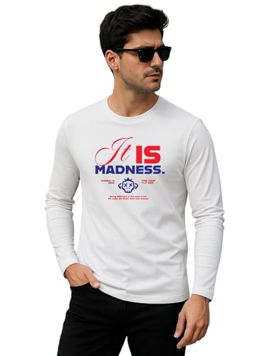 Image of Veirdo Pure Cotton Round Neck Regular Fit Graphic Printed Full Sleeve T-Shirt for Men (Colors- Red, Navy, Black, Swanwhite & White) Sizes: S to 2XL