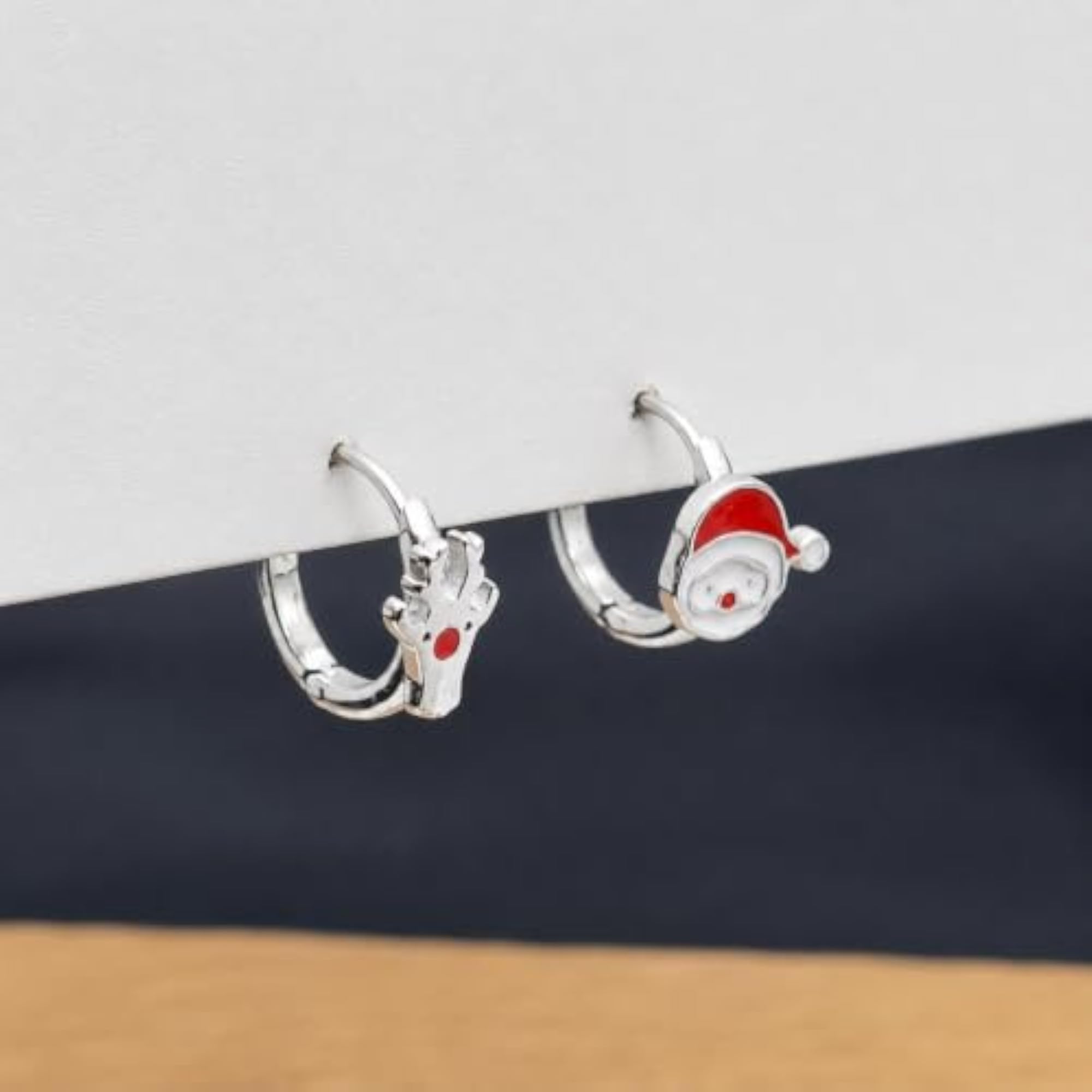 Women's 925 Sterling Silver Santa Reindeer Enamel Hoop Earrings