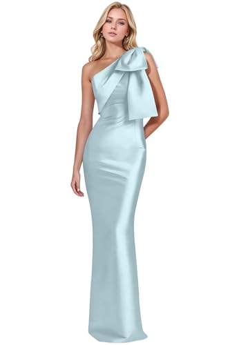 Satin Prom Dresses for Women Long One Shoulder Mermaid Formal Evening Party Gowns with Bow