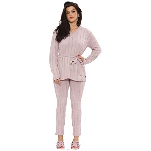 Style Moda Womens Co Ord Matching Lounge Set Rib Long Belted V-Neck Top & Leggings Knitted 2 Pcs (Pink M/L) Cover