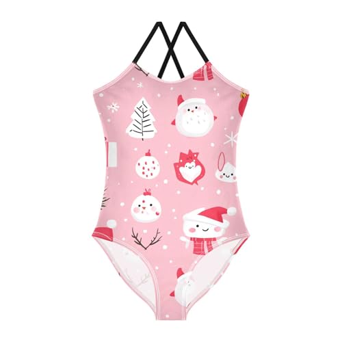 KLL Cute Cartoon Character and Christmas Elements Pink Girls' 1 Piece Swimsuits Beach Swimming Suits Adjustable Shoulder
