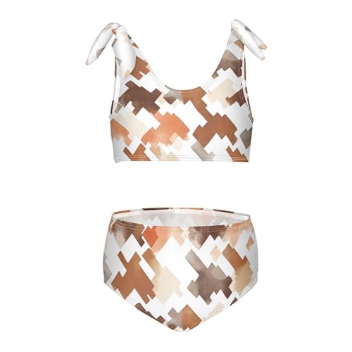 Brown Houndstooth Girls Two Piece Kids Bikini Set Quick-Dry Bathing Suit Swimming Suits Adjustable Shoulder Strap
