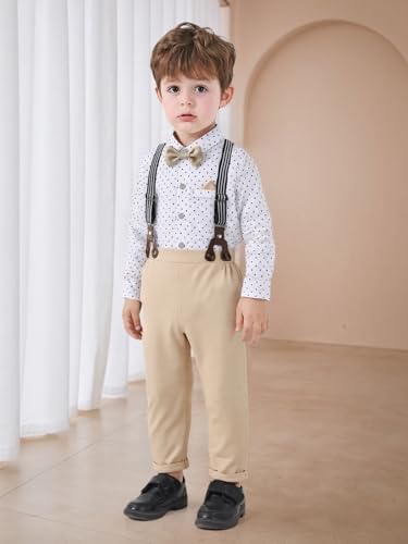 Image of Boarnseorl Baby Boys Pants Sets, Infant Long Sleeve Shirt + Pants + Bow Tie + Suspenders Outfits