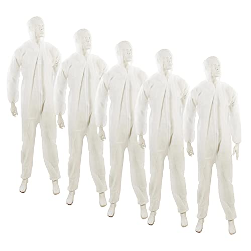 Dapetz ® 5 Pack Disposable Coverall Protective Suits Overall Suits with Hood Medium 170cm 67, Elastic Cuffs, Ankles, and Hood, Zip Front Opening for Painting, Cleaning, Safety Workwear, Men, Women