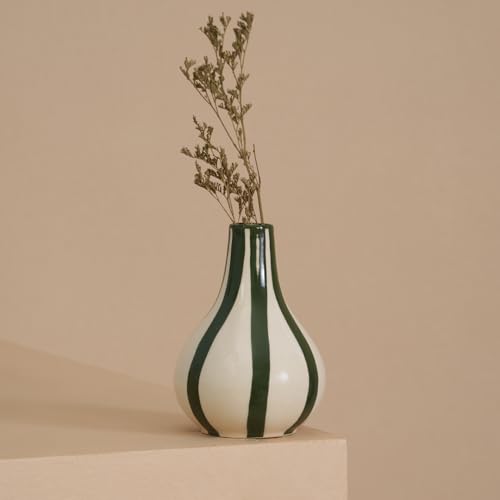 Image of PUREZENTO Green & White Striped 'Tulip Bud' Ceramic Vase 6 Inch (Pack of 1) | Unique Modern Bud Vase for Dried Flowers & Pampas Grass | Vases for Modern Home Decor, Living Room & Office Decor Ideas