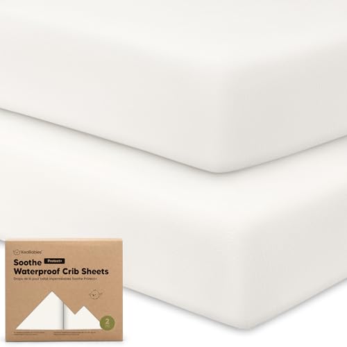 Image of 2-Pack Waterproof Crib Sheets for Boys, Girls, 52x28 Fitted (Soft White) | Organic Cotton Baby Crib Sheets, Toddler Mattress Protector Cover, Washable, Soft & Durable Baby Bedding Essentials