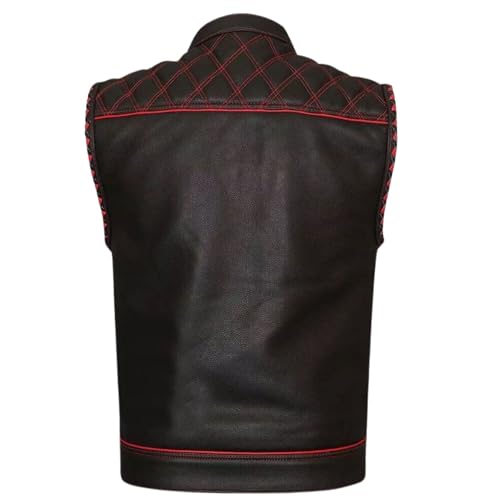 MEN'S BLACK LEATHER MOTORCYCLE VEST – DIAMOND STITCHED CONCEALED CARRY WAISTCOAT WITH RED LINING3