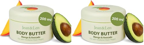 Jean & Len Exotische Body Butter Mango & Avocado, pflegt trockene bis sehr trockene Haut intensiv, pH-hautideal, mit exotischem Mango-Duft, Körperbutter, ohne Parabene & Silikone, 200 ml