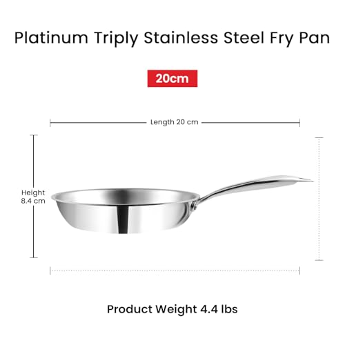Vinod Platinum Triply Stainless Steel Frying Pan – 20 cm | Thick Bottom for Even Heat & Durability | Ideal for Frying Eggs, Sautéing & Pancakes | Induction & Gas Compatible | Scratch Resistant